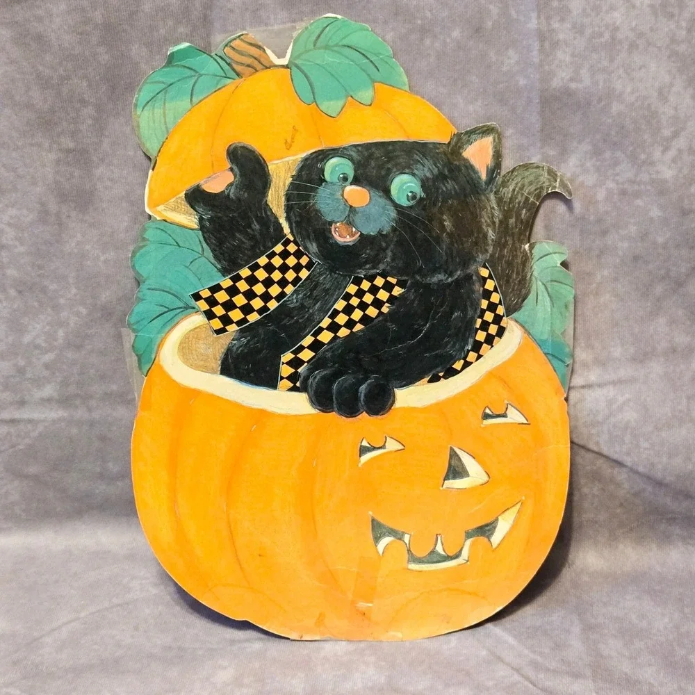 Vintage‎ Black Cat In Pumpkin Cardboard Die Cut Decoration Halloween
